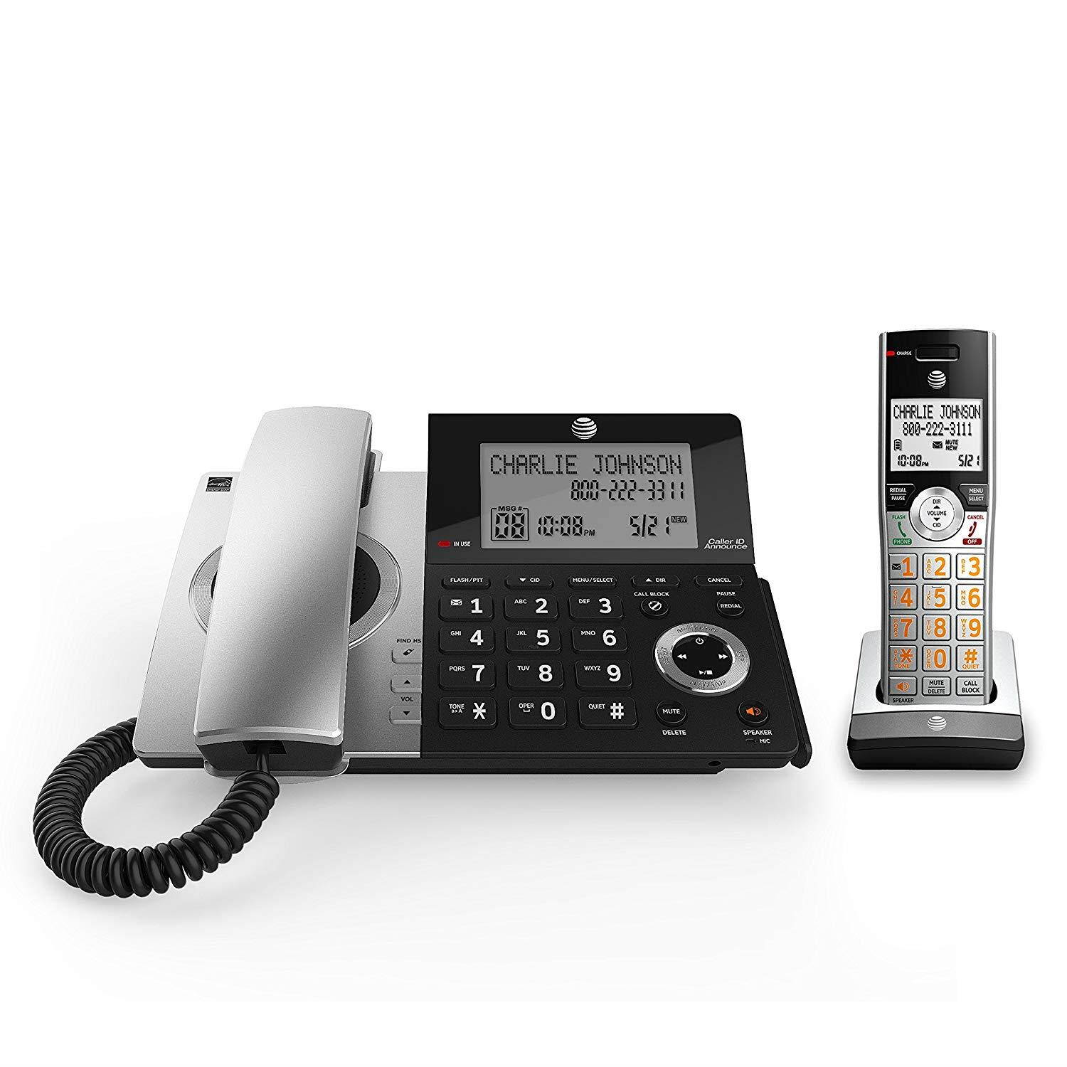 AT&T CL84107 DECT 6.0 Expandable Corded/Cordless Phone with Smart Call Blocker, Black/Silver with 2 Handsets