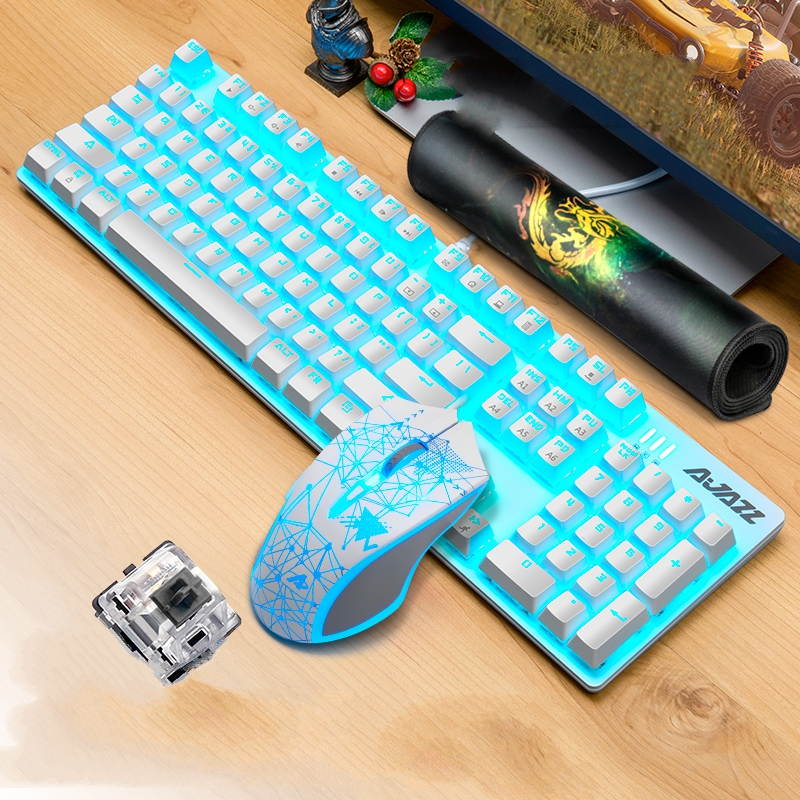 Ajazz AJ119  26 Anti-ghosting Keys, Ergonomic Design, Cool Exterior USB Wired Black Mechanical Green Color Backlit LED Keyboard And 2400DPI  Mouse Combo For Office And Game-Black