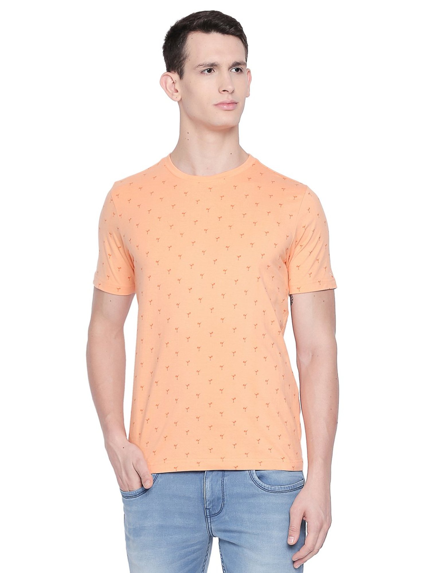 Basics Peach Cotton Slim Fit Printed T-Shirt