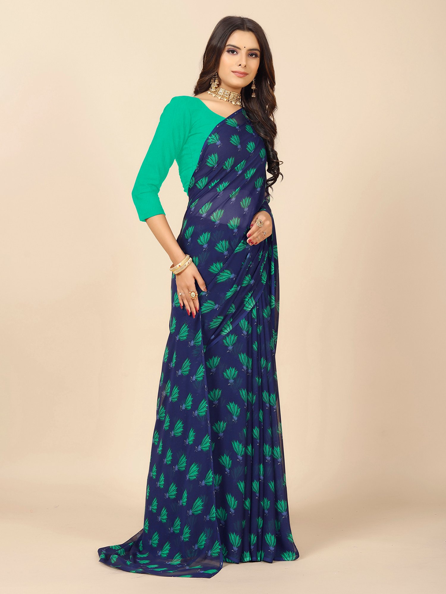 Rangita Navy Printed Saree With Blouse