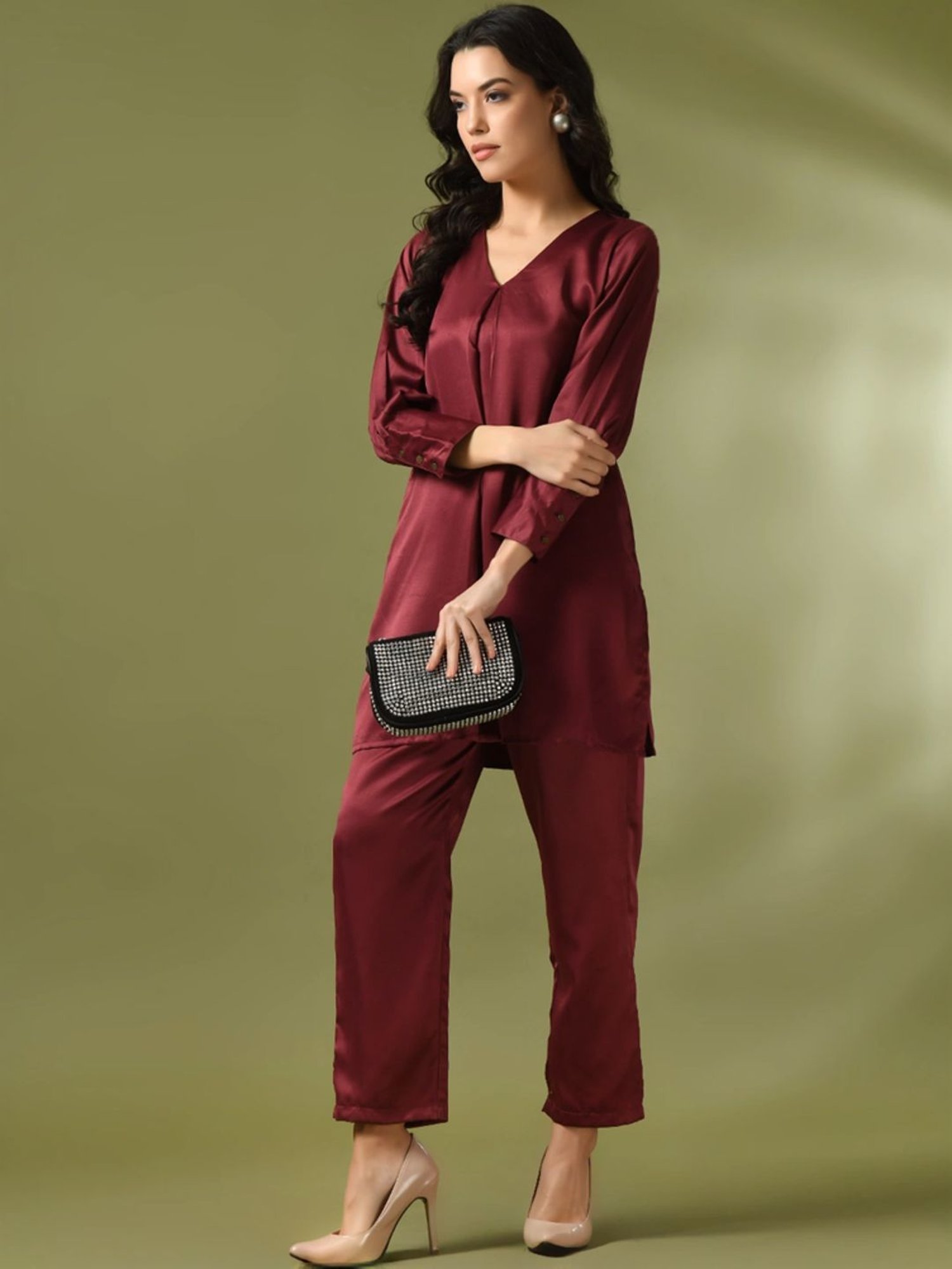Myshka Maroon Regular Fit Tunic Pant Set