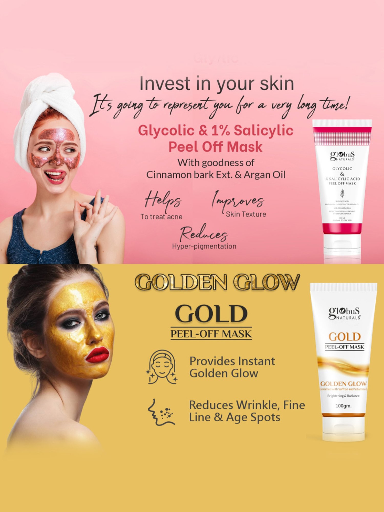 Globus Naturals Glycolic & 1% Salicylic Acid & Gold Peel-Off Mask Combo