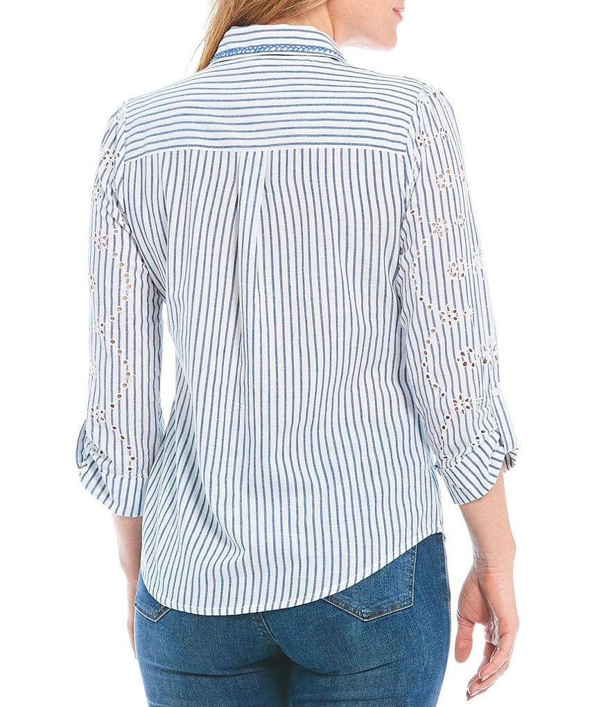 Reba 3/4 Cuffed Sleeve Button Front Embroidered Eyelet Shirt