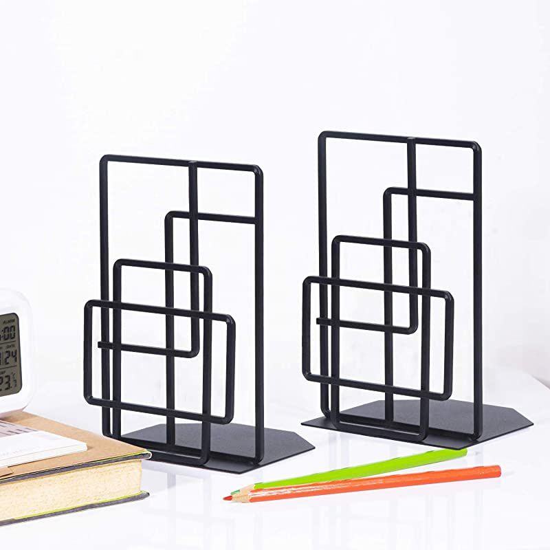 Book Ends Heavy Duty, Decorative Black Bookends for Shelves, Window Lattice Design