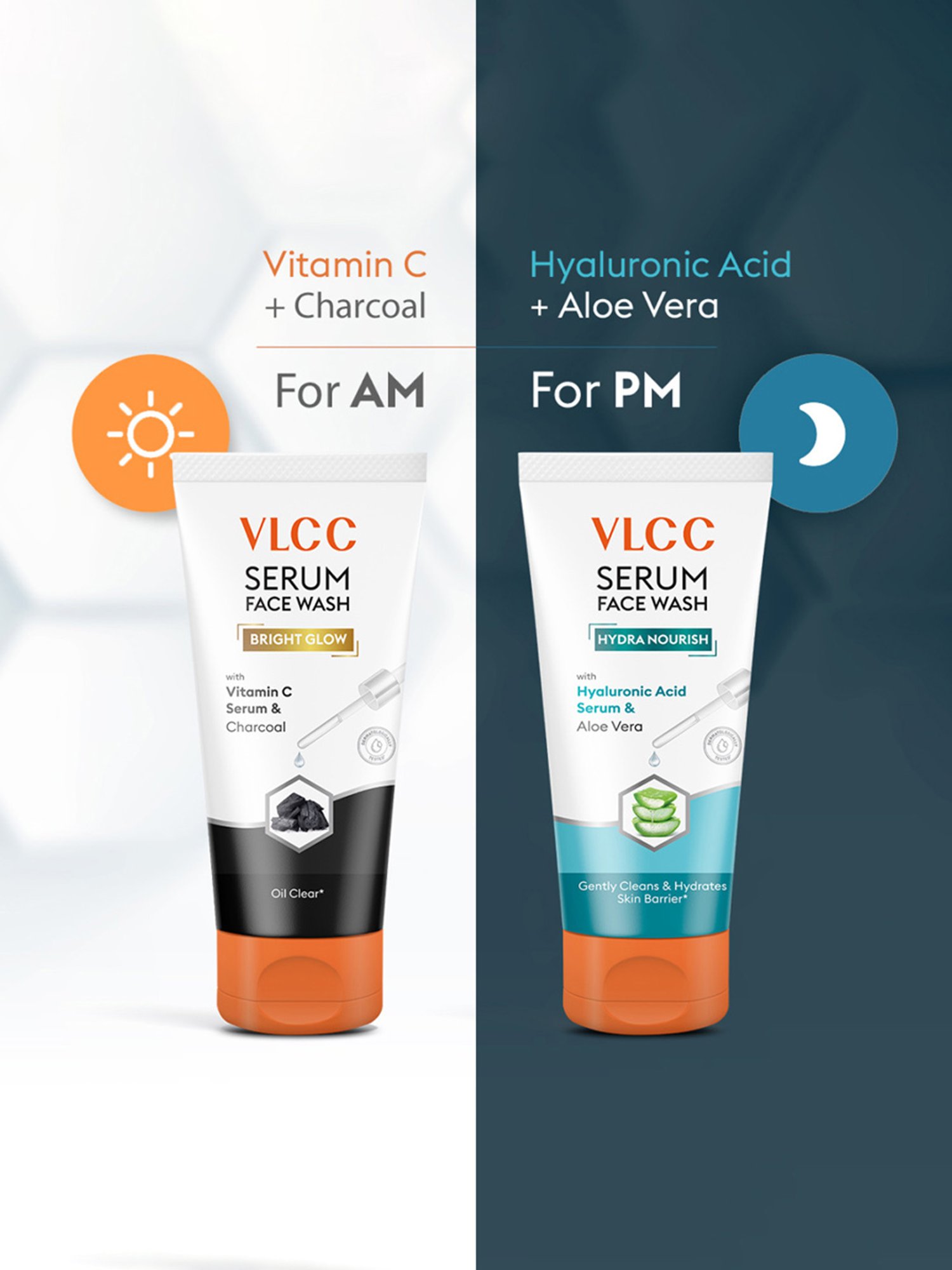 VLCC Bright Glow Charcoal for AM & Hydra Nourish Aloe Vera for PM Face Wash Combo