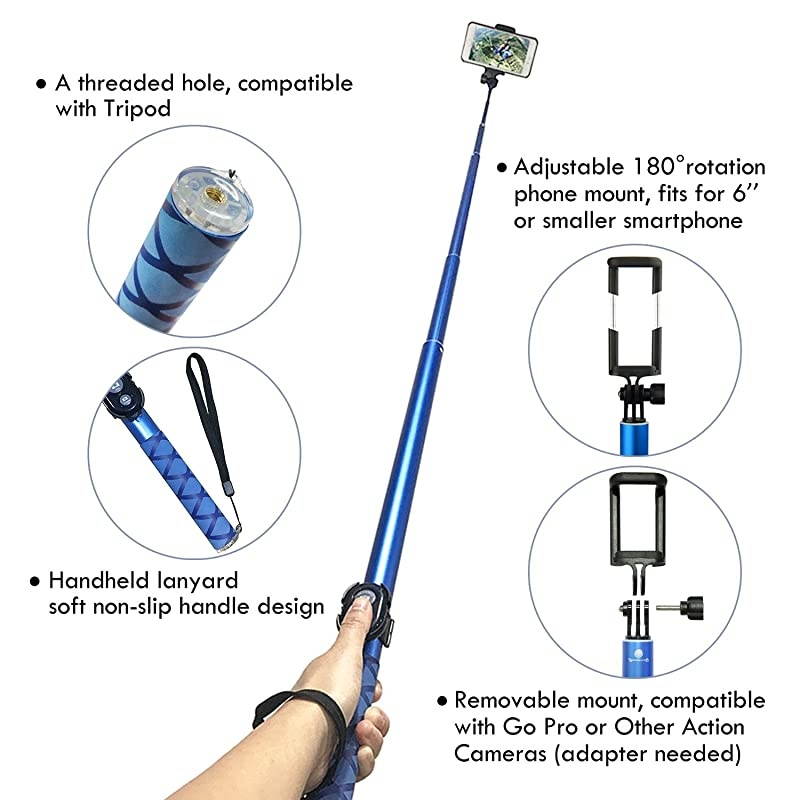 Long Selfie Stick Super Length Lightweight Extendable Pole from 20 to 118 Builtin Wireless Remote Shutter Grip Holder Mount Compatible iPhone Samsung Android Cell PhoneBlue