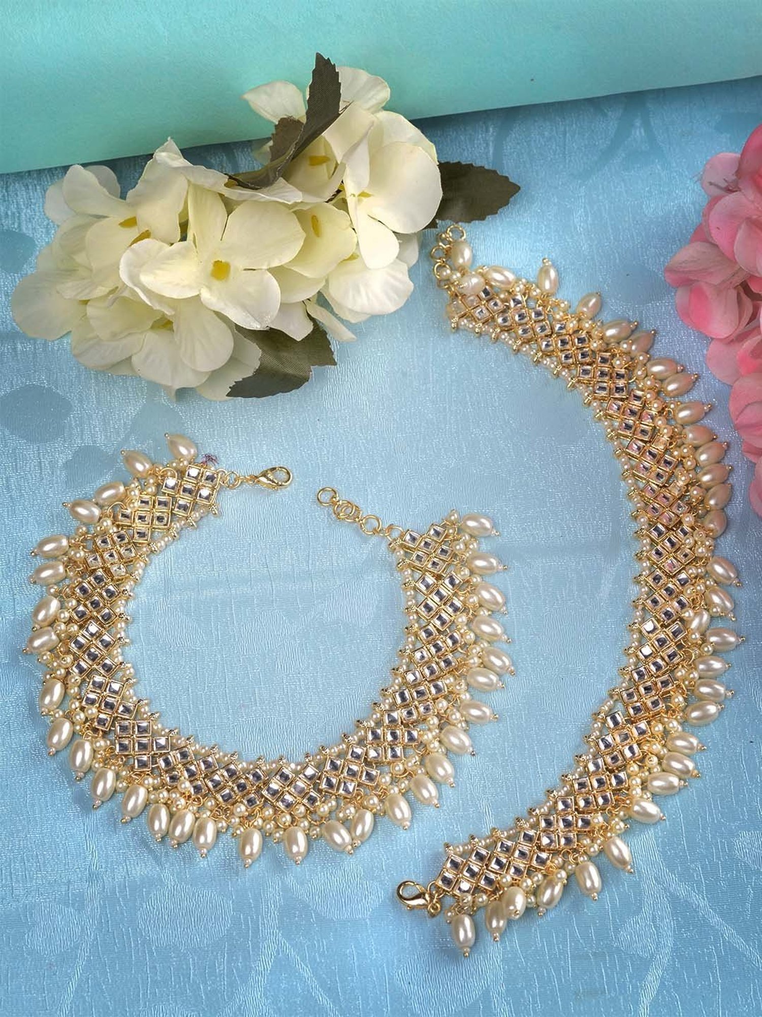 Saraf RS Jewellery Gold Toned Kundan-studded Pearl Beadded Ethnic Bridal Payal/Anklets - Set of 2