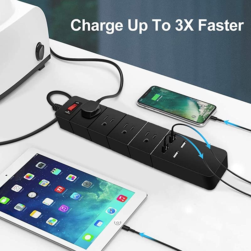 USB Power Strip, 4 USB Ports & 4 Outlets, Fast Charging, White 5.5 ft Cord, 1875W/15A Protector for Desktop, Home, Office & Nightstand Charging Station -