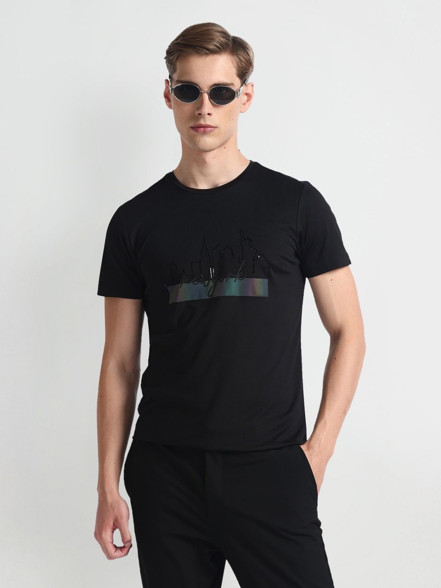 Arrow Newyork Black Cotton Regular Fit Printed T-Shirt