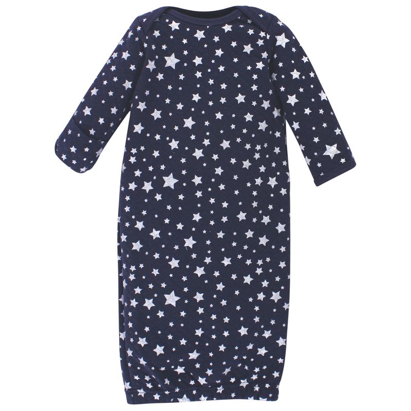 Hudson Baby Infant Quilted Cotton Long-Sleeve Gowns 3pk, Metallic Stars, 0-6 Months