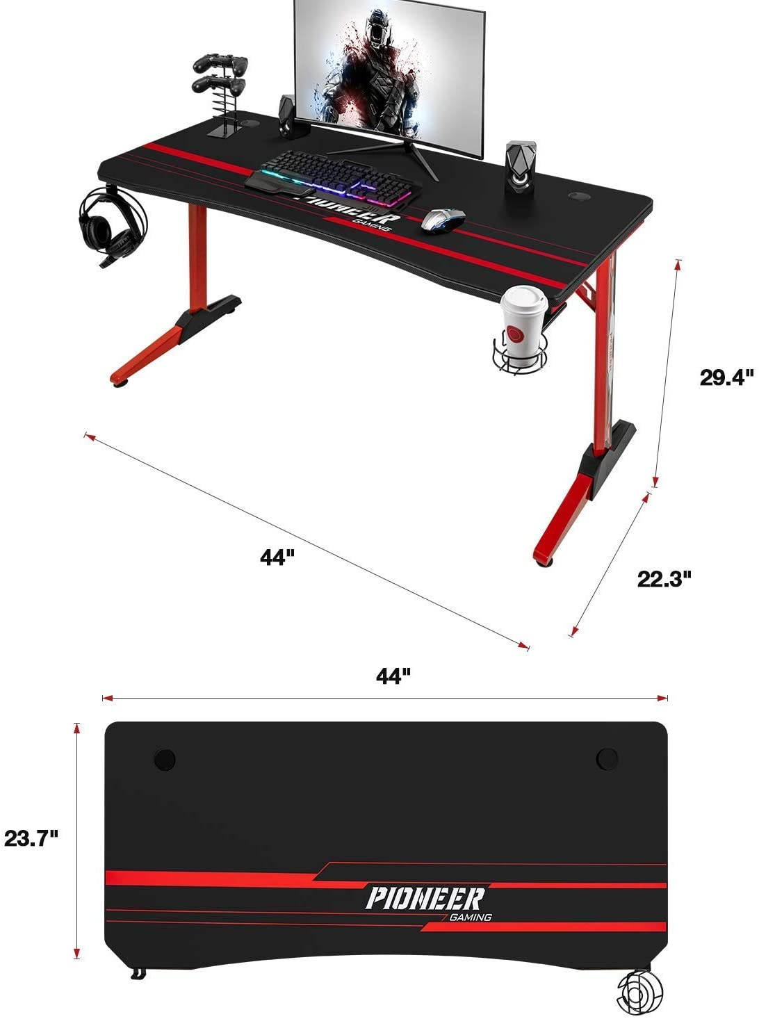 Devoko 43 Inch Gaming Desk T-Shaped PC Computer Table with Free Mouse Pad Carbon Fibre Surface Home Office Desk Gamer Table with Game Handle Rack Headphone Hook and Cup Holder (Black)