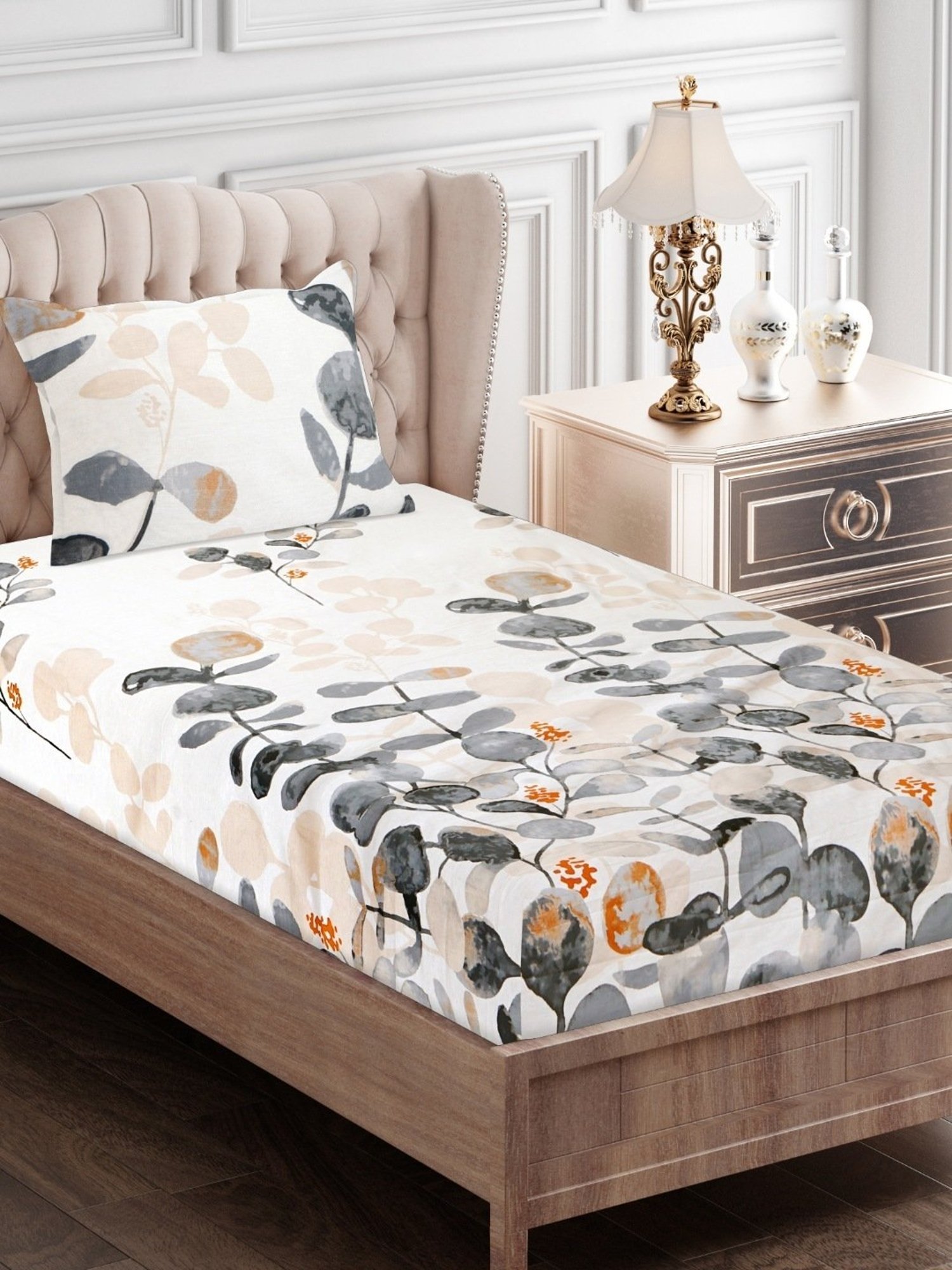 SEJ by Nisha Gupta Floral Blue 210 TC Cotton Single Bed Sheet with 1 Pillow Cover