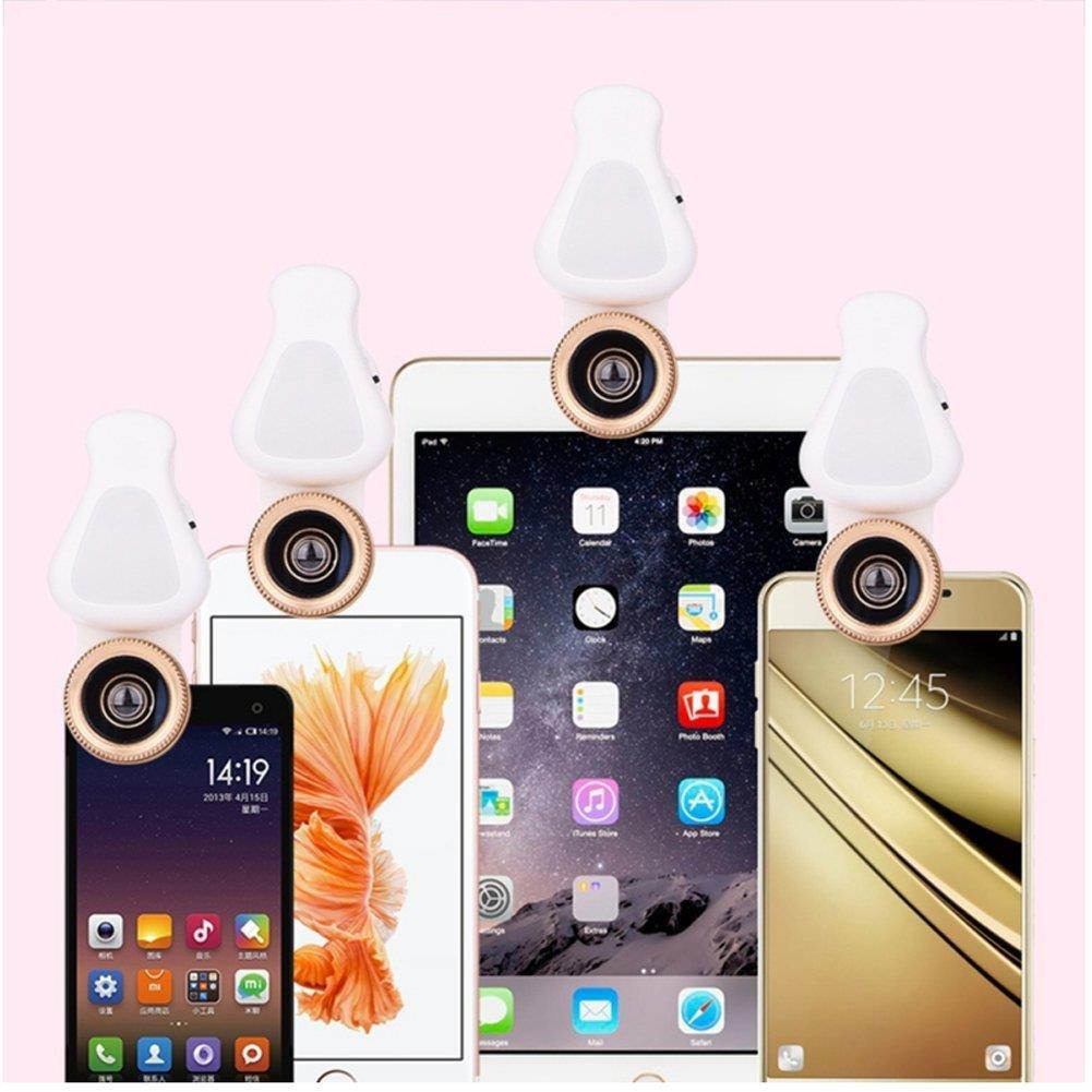 EIGIIS 4 In 1 Cell Phone Lens With Beauty 8 LED Flash Light 205&deg;Fisheye Lens 15X Macro Lens 0.62X Wide Angle Lens For Most Smartphones (Rose Gold)