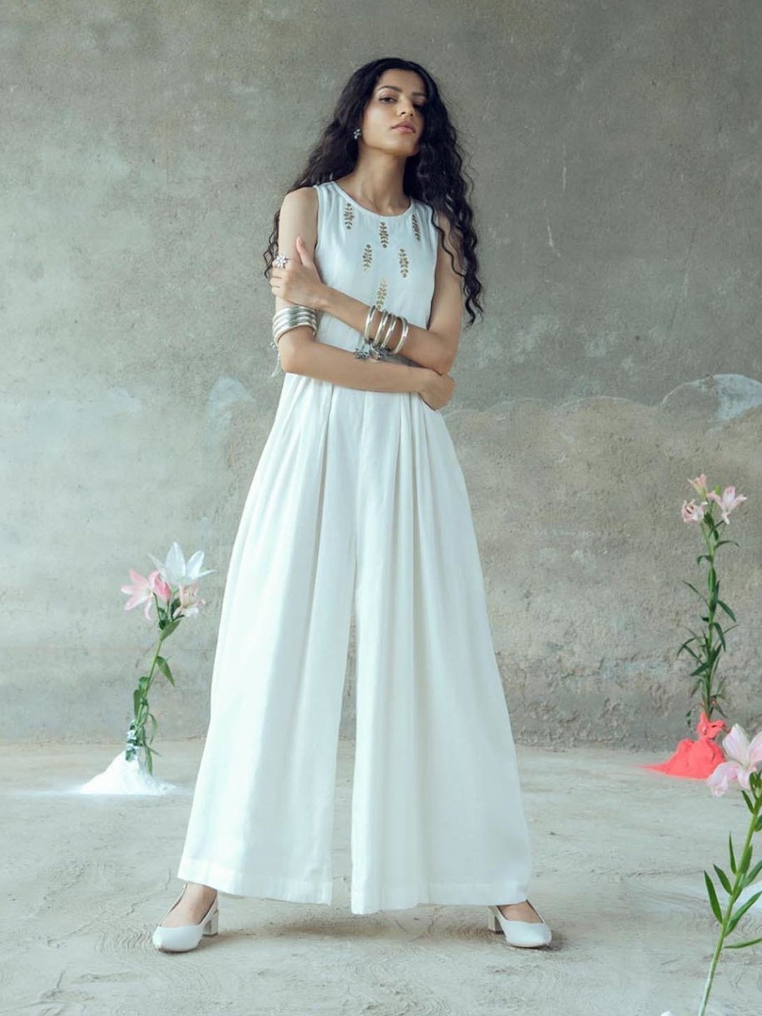 Gulaal White Urvashi Vividha Pitthan Work Sleeveless Jumpsuit