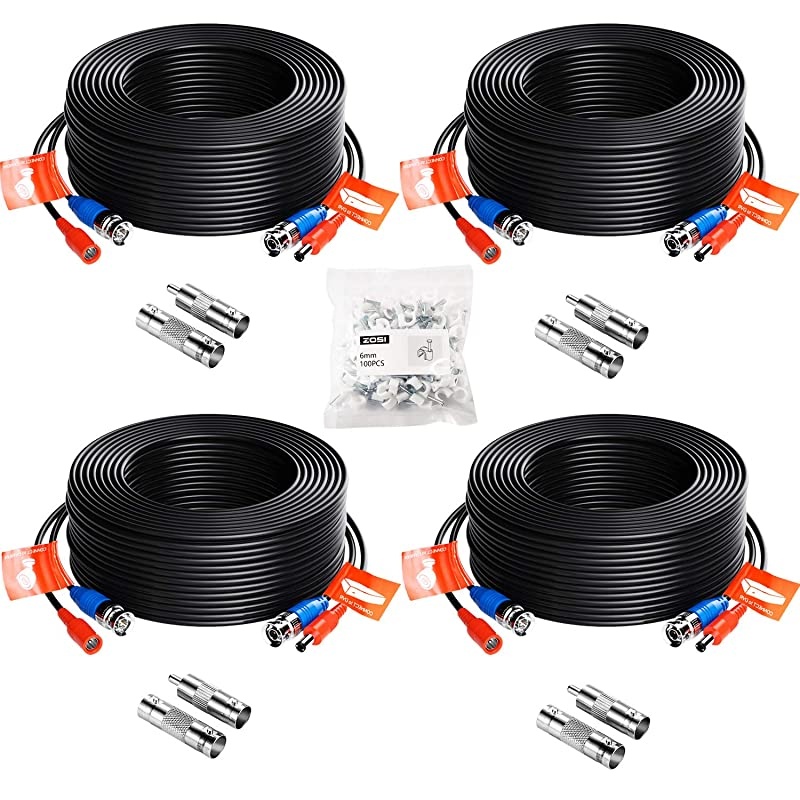 4 Pack 100ft 30 Meters 2in1 Video Power Cable BNC Extension Surveillance Camera Cables for Video Security Systems Included 4X BNC Connectors and 4X RCA Adapters