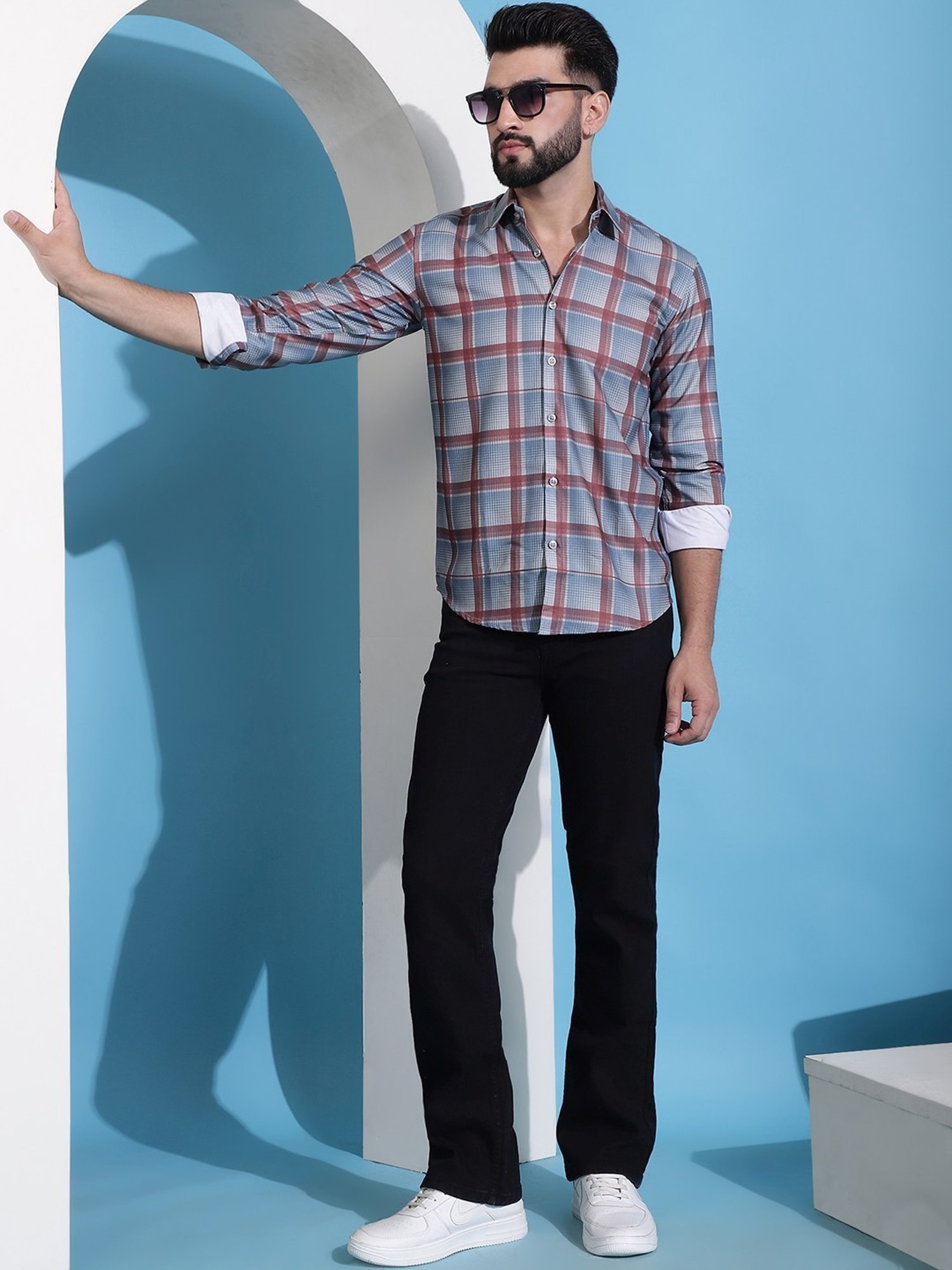 Indian Needle Grey Regular Fit Checks Shirt