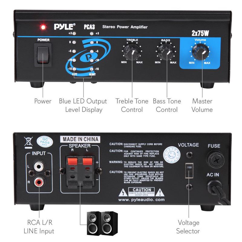 Pyle PCA3 Powerful 150 Watt Compact Mini Dual Channel Intelligent Stereo Sound Speaker Amplifier Receiver Box Home Audio System