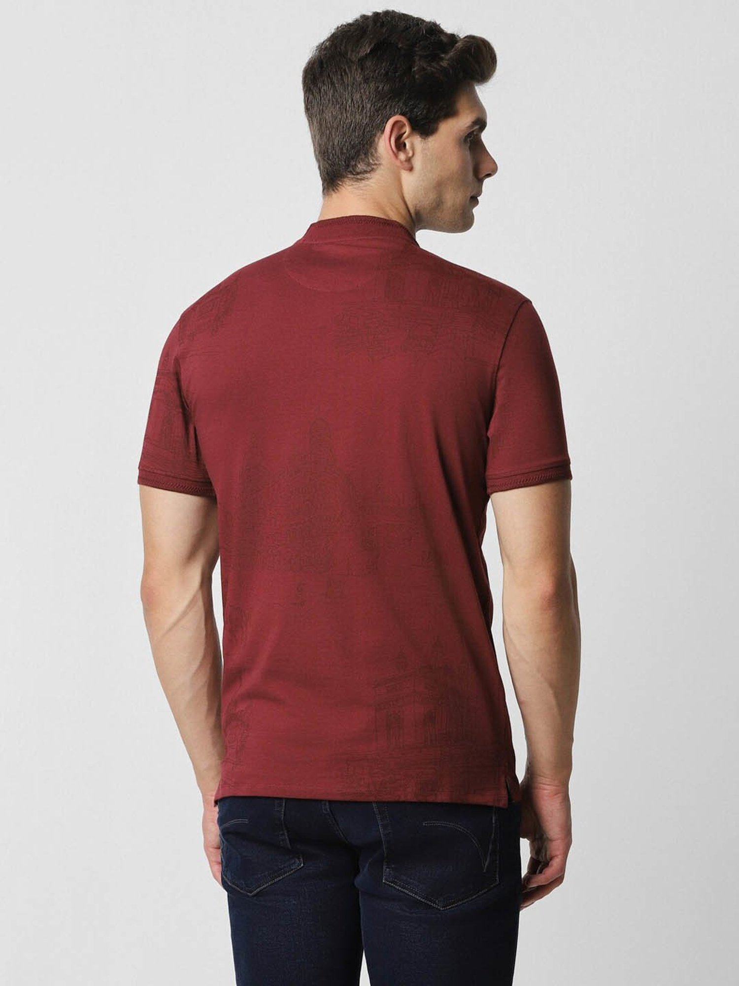 V Dot Maroon Cotton Slim Fit Printed Henley T-Shirt