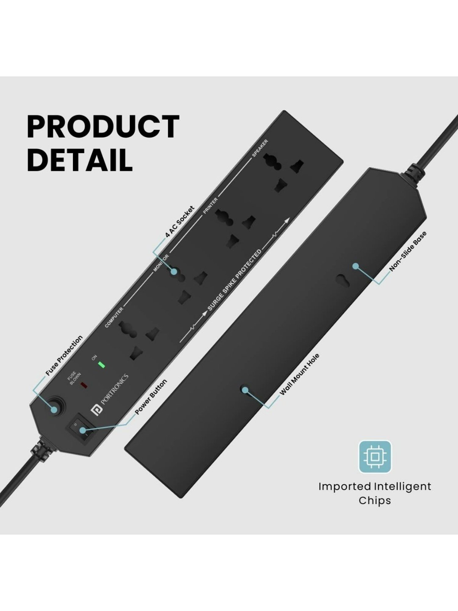 Portronics Power Plate 10 1500W Power Converter with 4 Power Sockets, 3M Cord Length (Black)