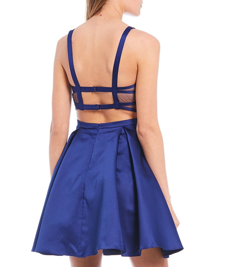 Blondie Nites Spaghetti Strap Square-Neck Bar-Back Satin Fit & Flare Dress