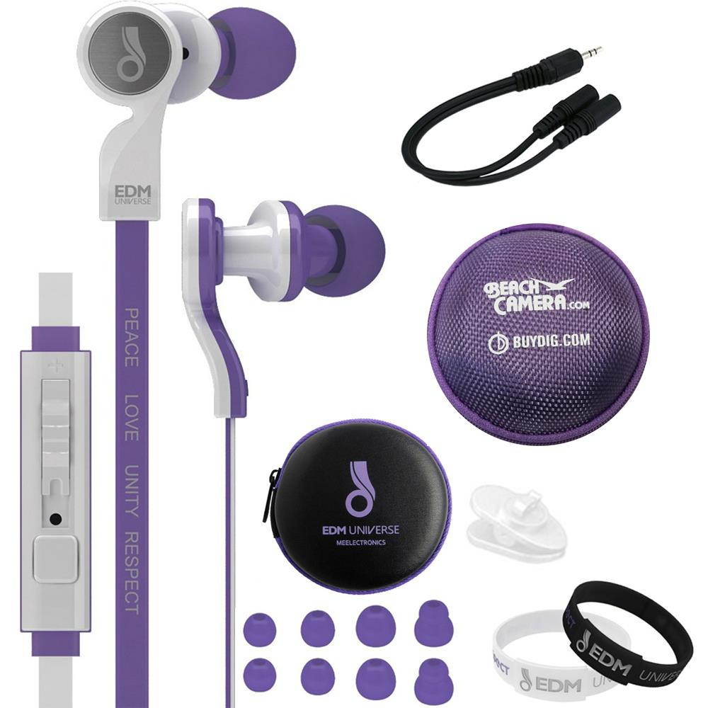 MEElectronics In-Ear Headphones with Headset Functionality Purple w/ Case Bundle