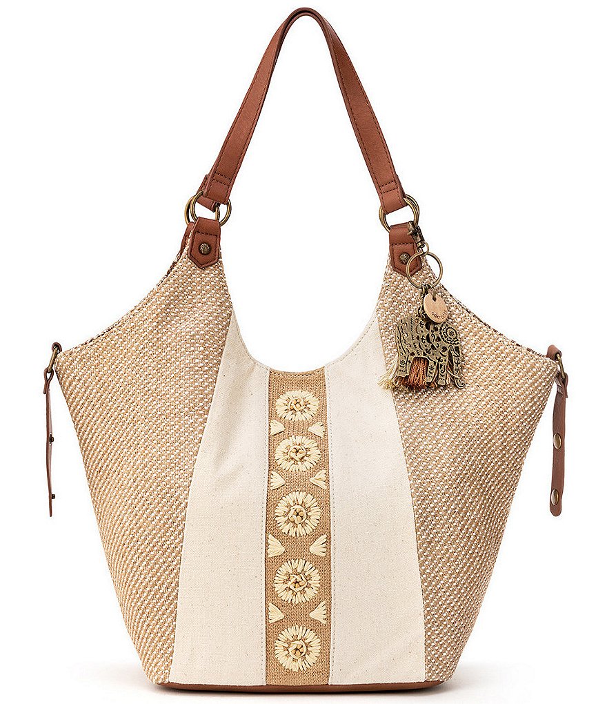 Sakroots Roma Straw Canvas Snap Floral Hobo Tassel Bag