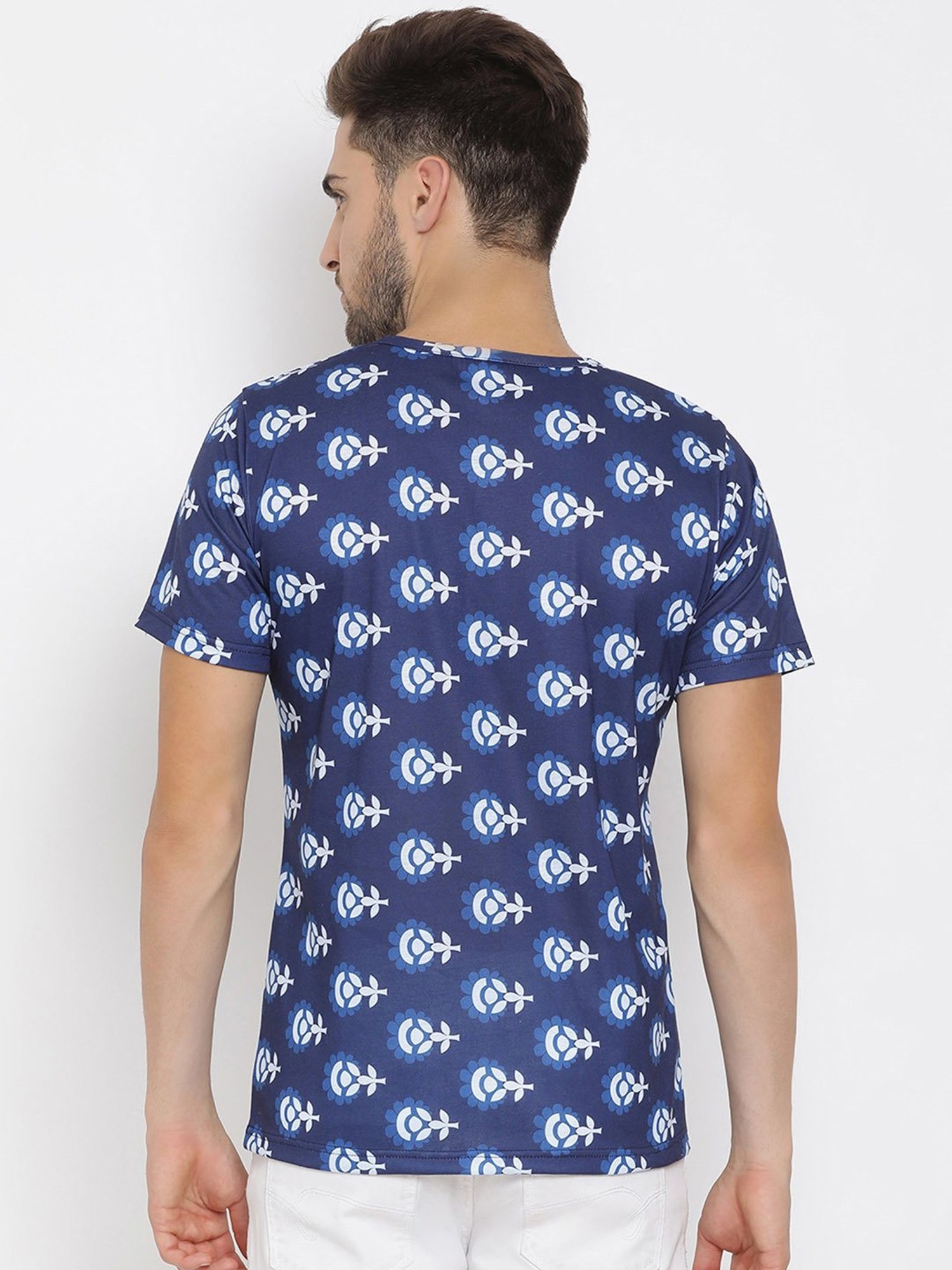 Hangup Plus Blue Regular Fit Printed Henley T-Shirt