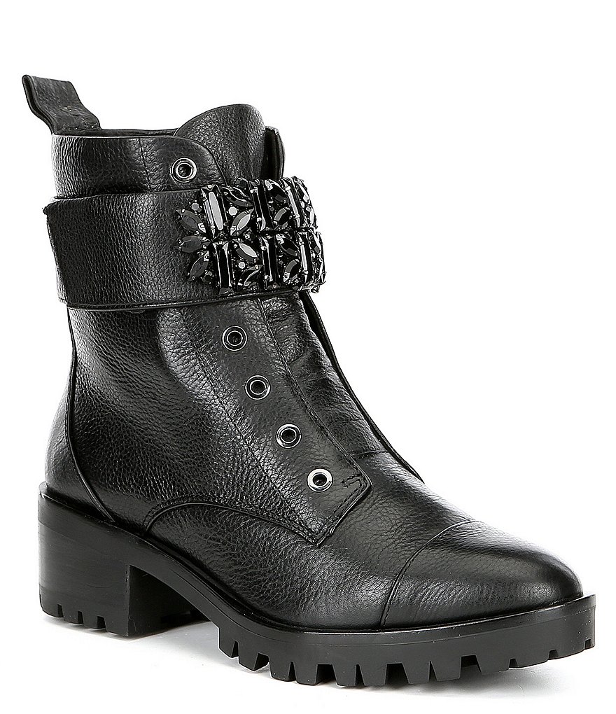 KARL LAGERFELD PARIS Pippa Jeweled Strap Leather Lug Sole Combat Booties