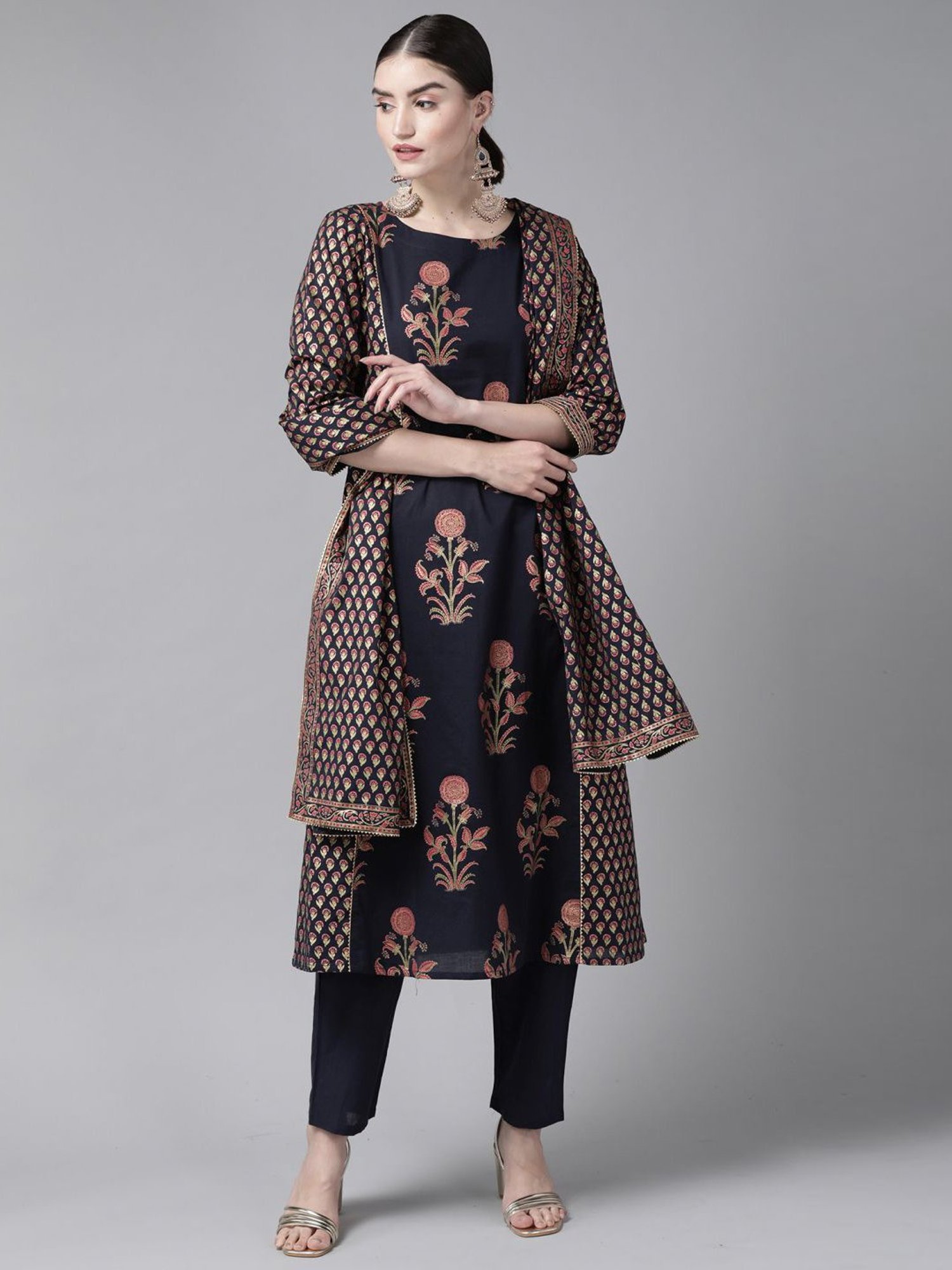 Indo Era Navy Printed Kurta Pant Set With Dupatta