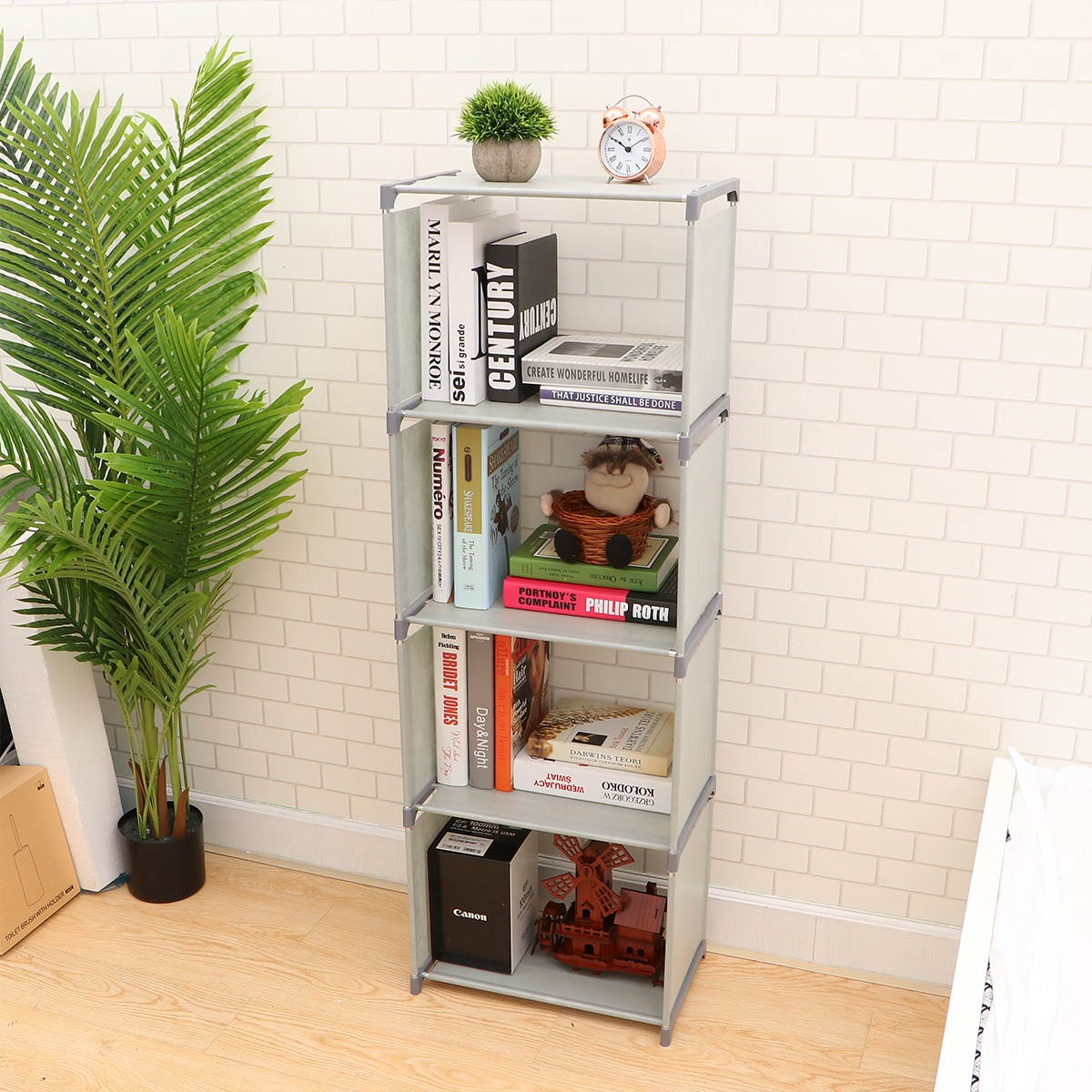 1PC DIY Simple Table Bookshelf Desktop Bookcase Modern Book Rack Book Board for Home Study Office (5 Layers, Grey)