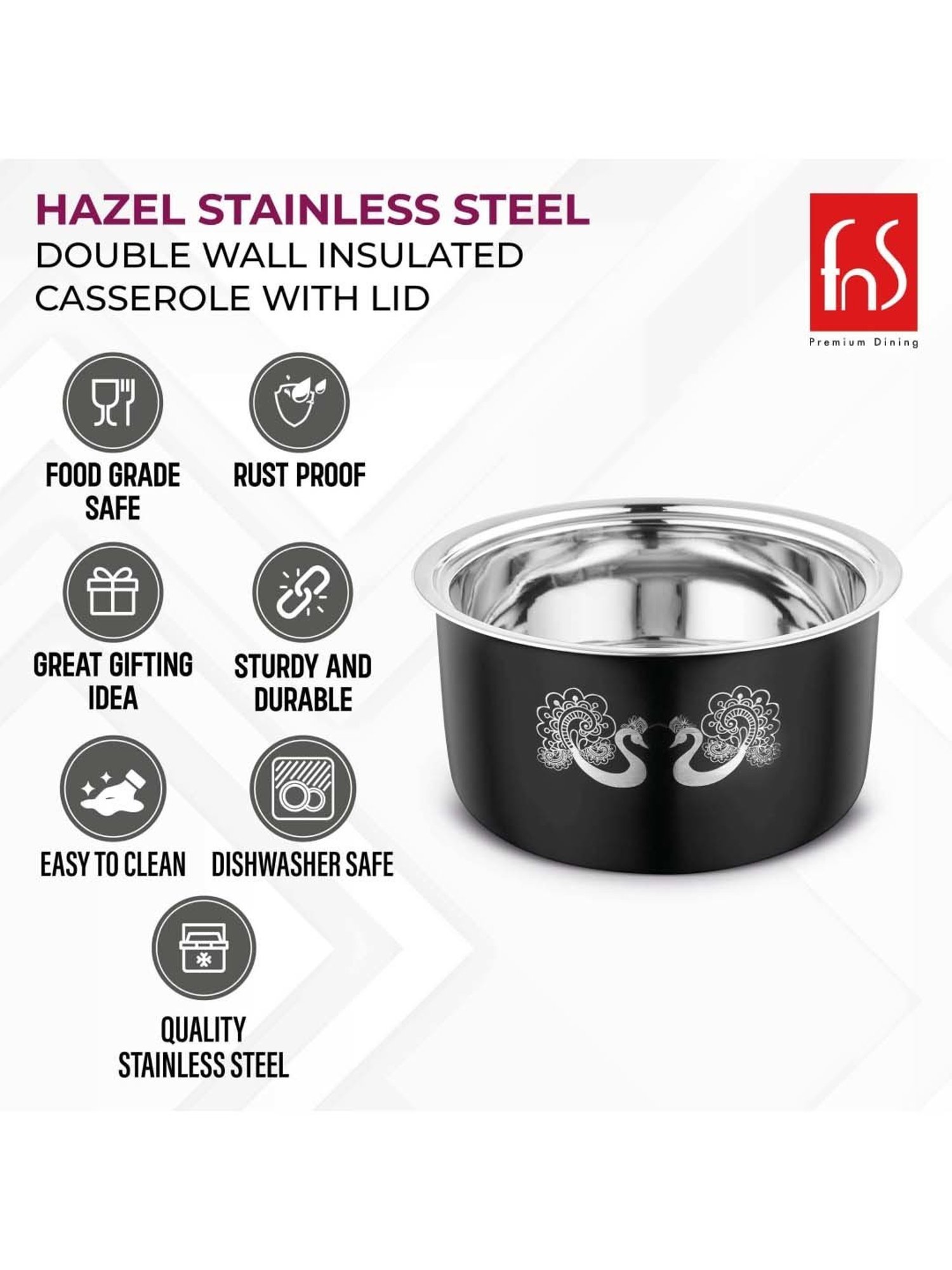 FnS Elantra Silver Stainless Steel Casserole With Lid (0.9 L)