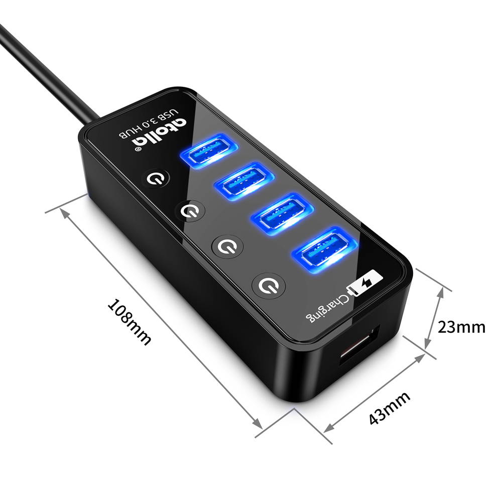 Atolla 4 Port USB Hub-SuperSpeed USB 3.0 Hub- 1 USB Charging Port-On Off Switch-with AC Power Adapter- Powered USB Splitter
