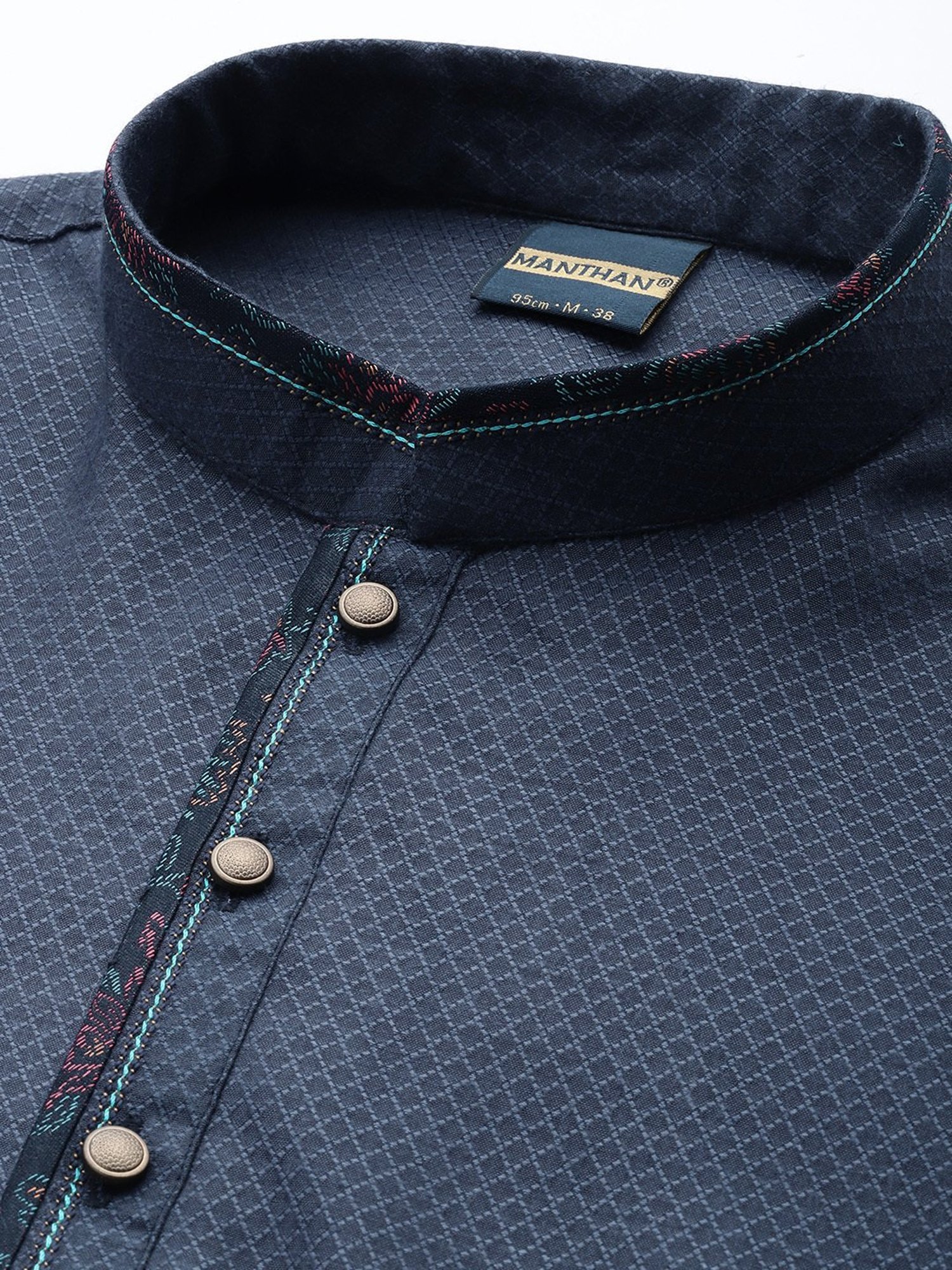 Manthan Navy & White Regular Fit Self Design Kurta & Pyjamas Set