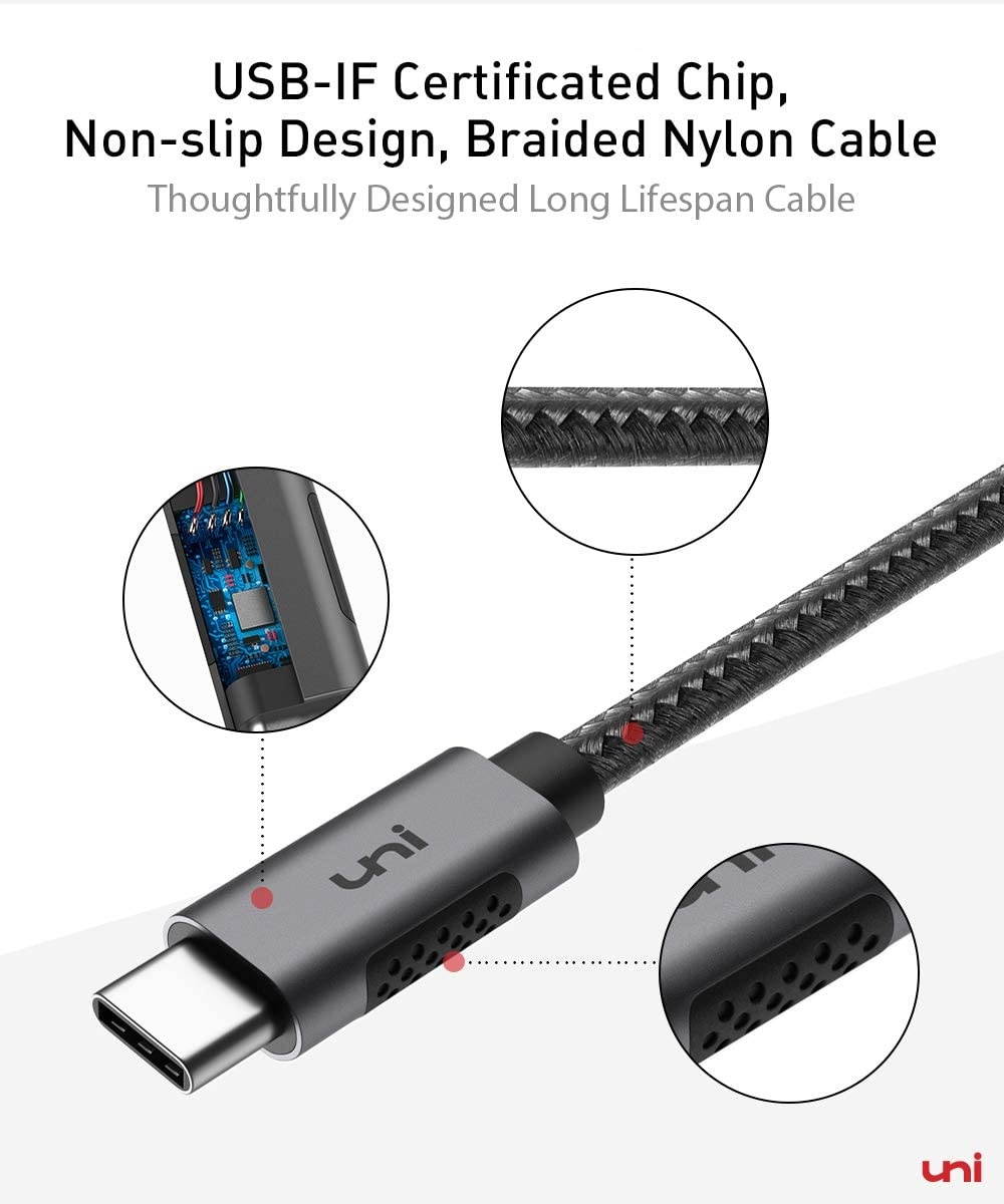 USB C to USB C Cable 100W 10ft uni Long USB Type C 5A Fast Charging Nylon Braided Cord Compatible with MacBook Pro 2020/2019/2018 iPad Pro 2020 Dell XPS 15/13 and More