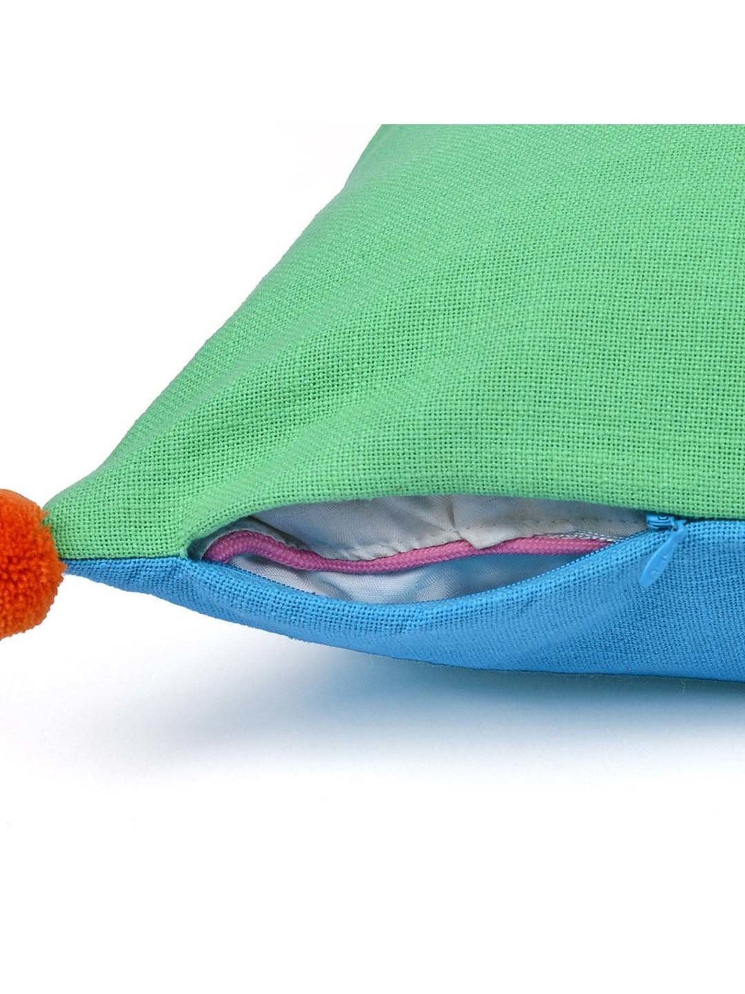 @home Blue & Green Cotton Two Sided Pom Pom Cushion Cover With Zipper