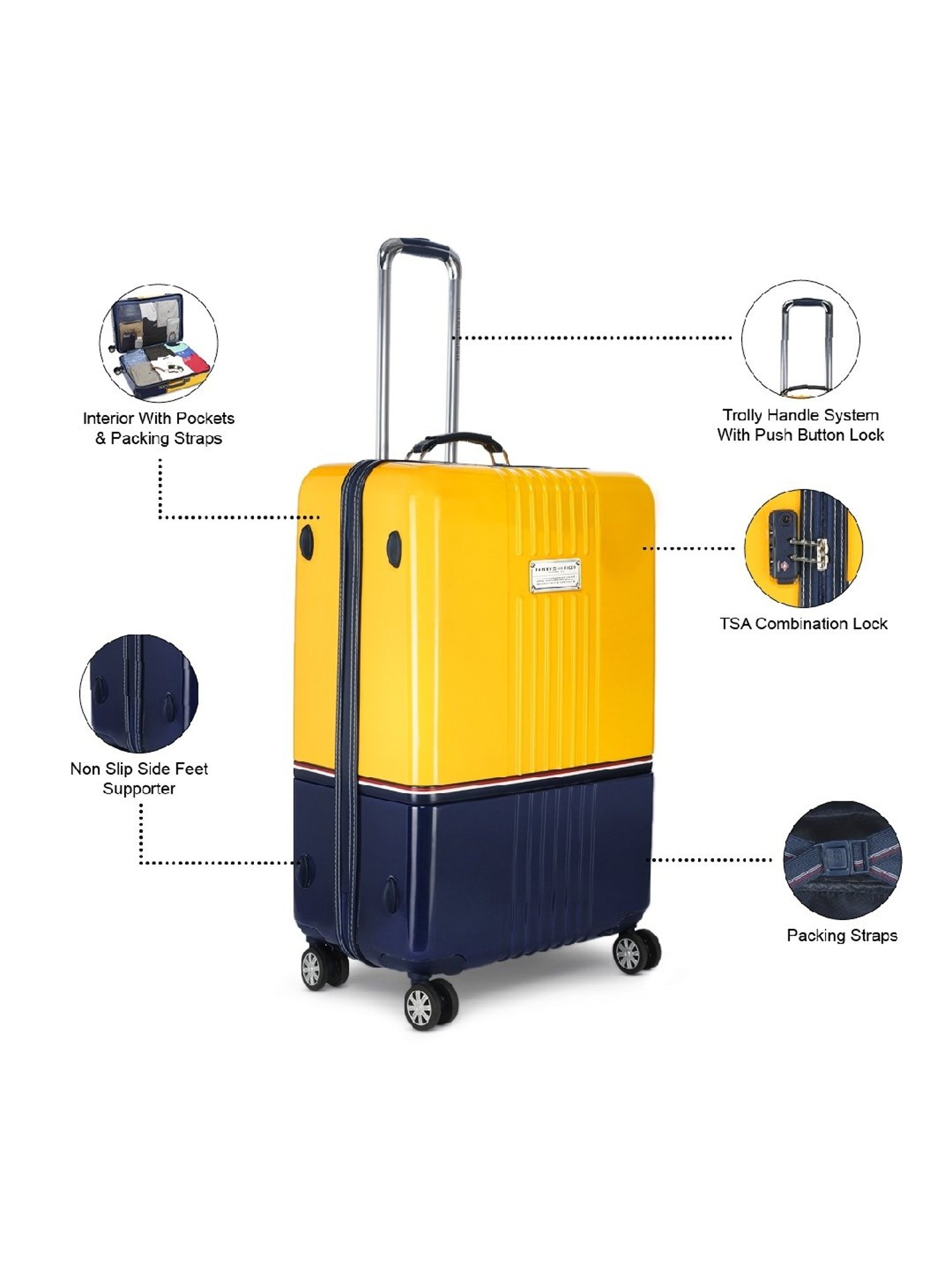 TOMMY HILFIGER Twins Pro Yellow & Navy 8 Wheels Large Hard Cabin Trolley Bag