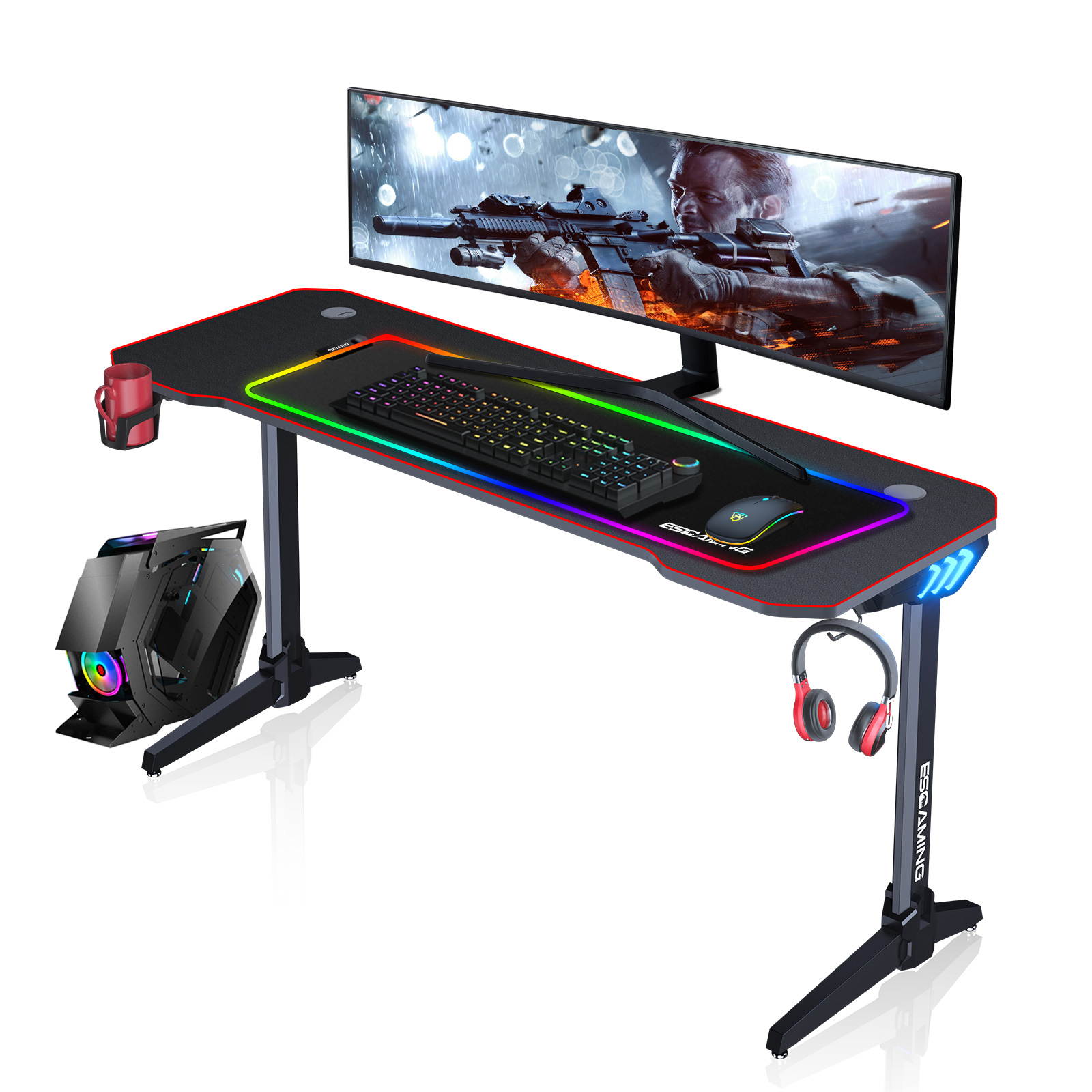 ESGAMING 55.2 Inch RGB light strip Gaming Desk  PC Computer Desk Y-shaped Table Home Office Desk with over-size full black Mouse Pad, Free Headphone Hook, Gaming Handle Rack and Cup Holder (Black)