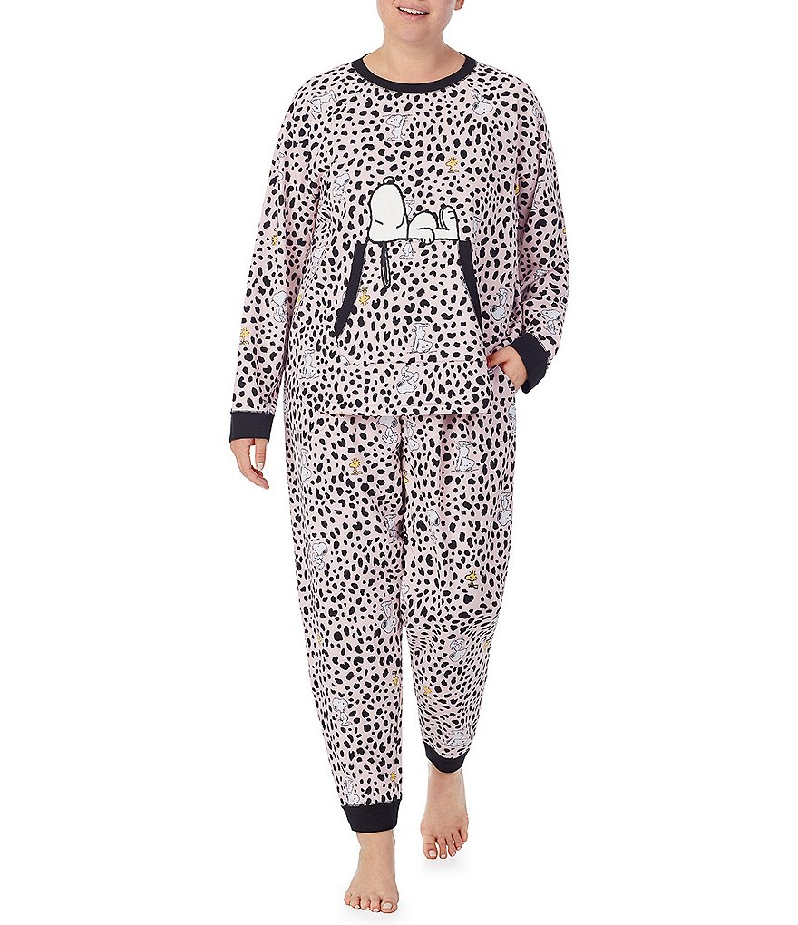 Peanuts Plus Leopard & Snoopy & Woodstock Printed French Terry Long Sleeve Coordinating Sleep Top