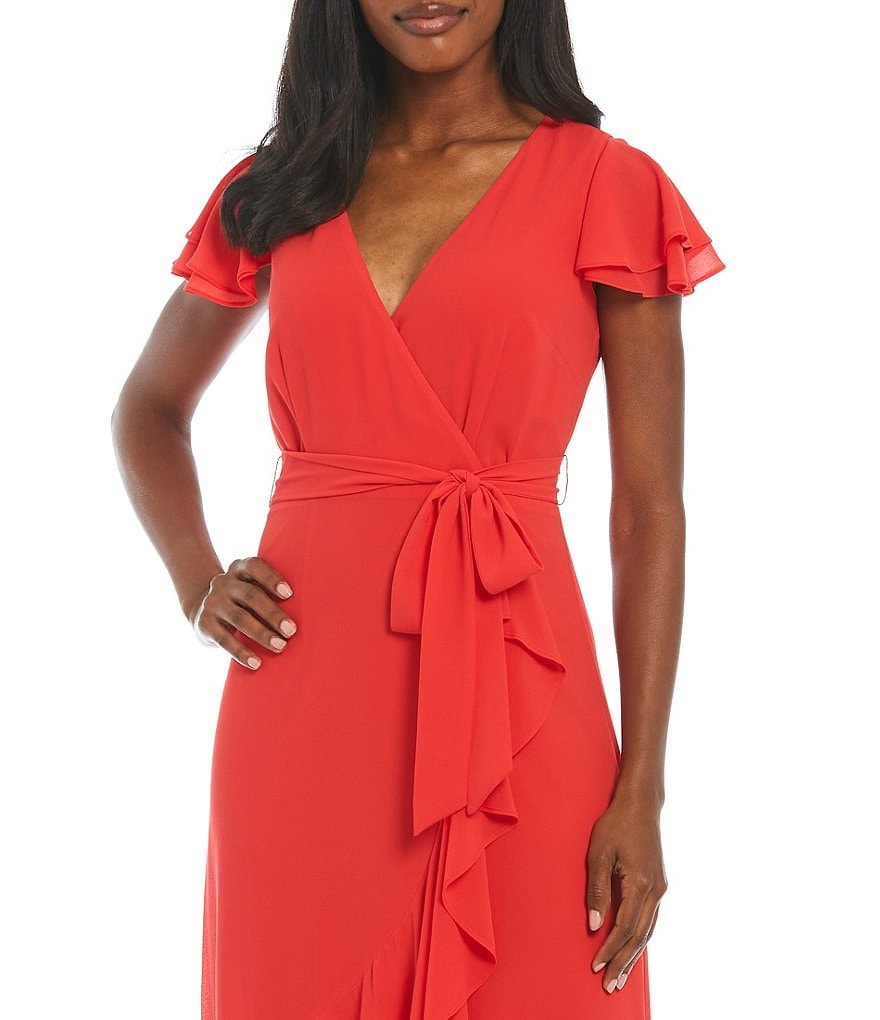 Eliza J Chiffon Ruffle Wrap Flutter Sleeve V-Neck Maxi Dress