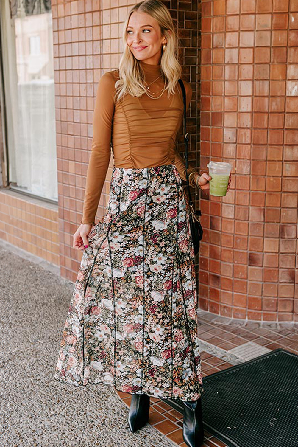 Brown Allover Floral Print Bohemian High Waist Maxi Skirt