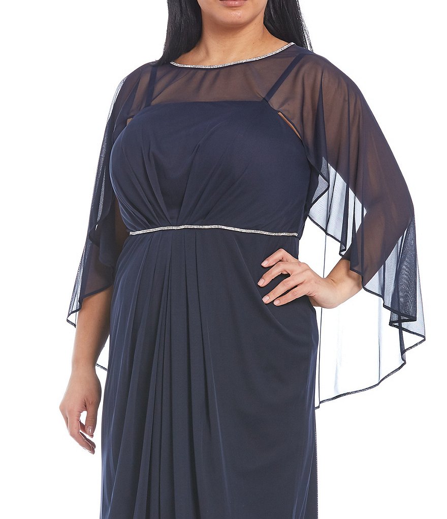 R & M Richards Plus Size Round Neck 3/4 Sleeve Matte Chiffon Flyaway Cape Gown