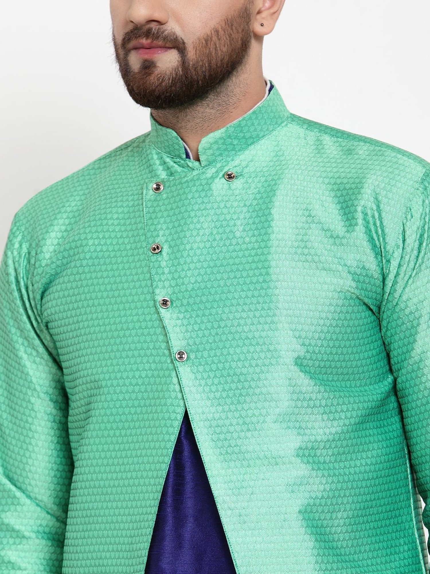 Benstoke Royal Blue & Green Regular Fit Self Pattern Kurta Set With Jacket
