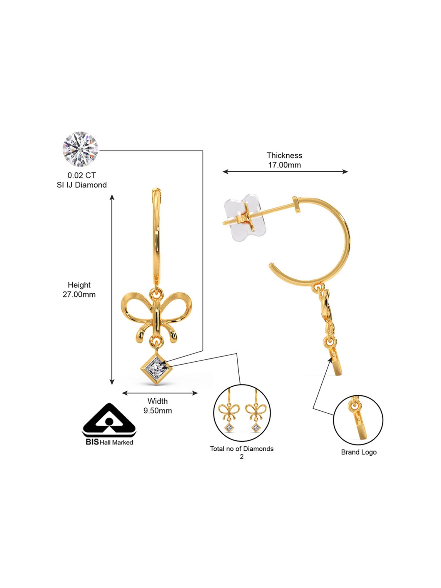 Candere by Kalyan Jewellers BIS Hallmark 18K Yellow Gold and Certified Diamond Drop Earrings