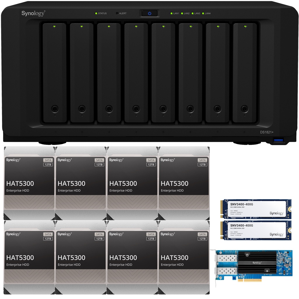 Synology DS1821+ DiskStation with 32GB RAM, 800GB (2x400GB) Cache, an E25G21-F2 25GbE Card and 128TB (8 x 16TB) of Synology Enterprise HAT5300 Drives Fully Assembled and Tested By CustomTechSales