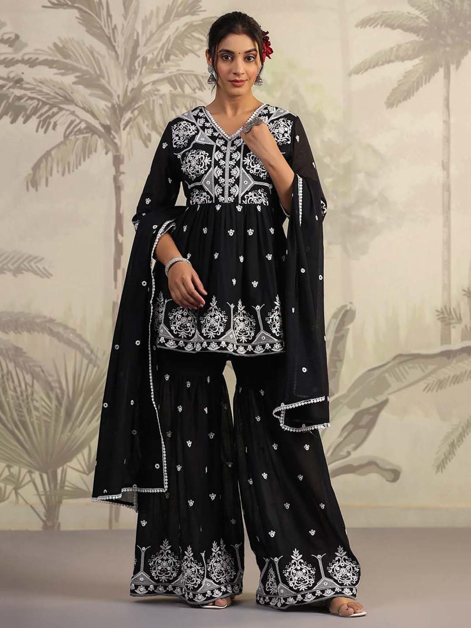SCAKHI Intense Black Cotton Embroidered Kurti Sharara Set With Dupatta
