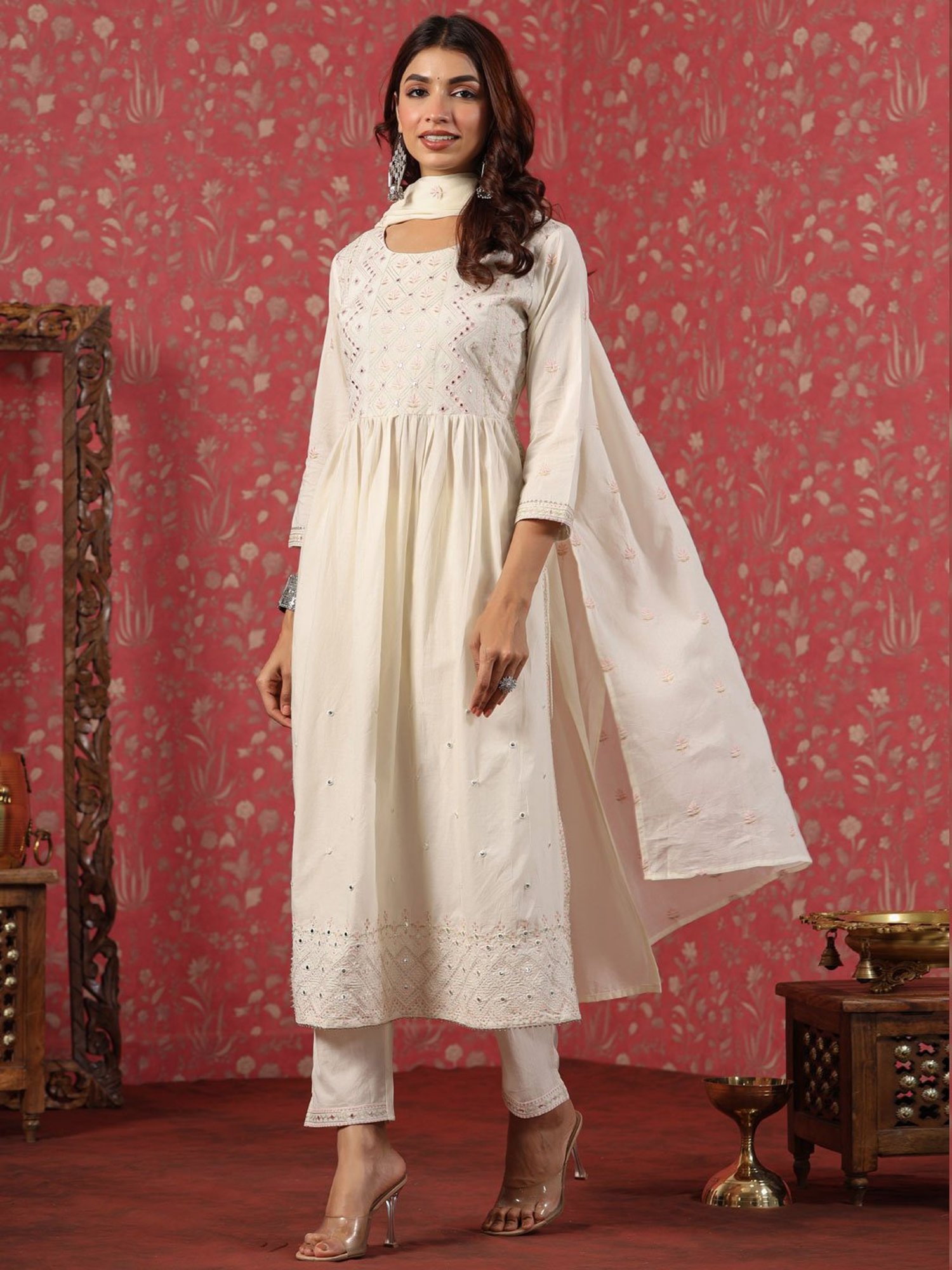 READIPRINT FASHIONS Beige Cotton Embroidered Kurta Pant Set With Dupatta