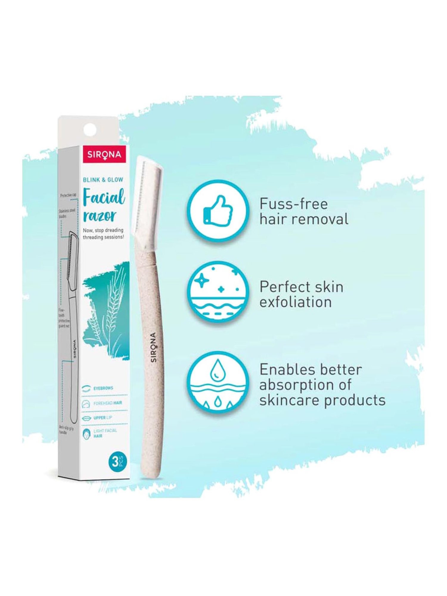 Sirona Reusable Eyebrow and Face Razor - 3 Pcs with Reusable Hair Removal Razor - 1 Pcs
