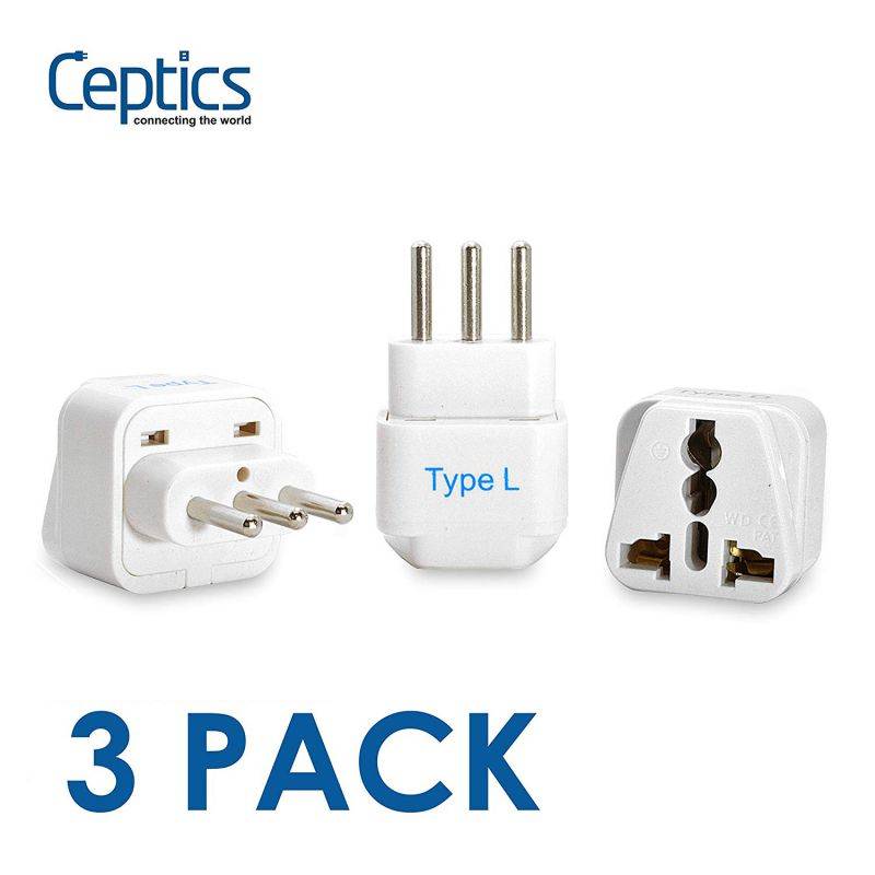 Ceptics Grounded Italy, Chile, Uruguay  Travel Plug Adapter (Type L), Universal Socket Plug Accepts Plugs From any Country, Perfect for Cell Phones, Laptops, Chargers and More - 3 Pack (GP-12A)