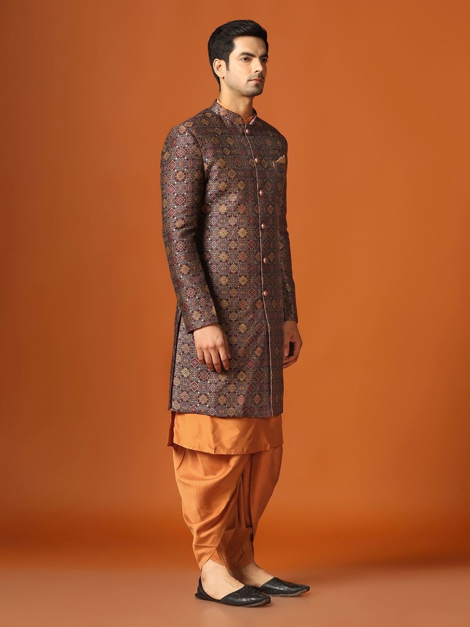 KISAH Mid Maroon Regular Fit Self Pattern Sherwani Set