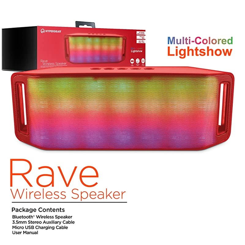 Portable Rave Wireless Stereo Speaker Plays Booming Sound With An Interactive Multicolored Light Show Builtin Speakerphone amp Builtin FM Radio Pair Any Bluetooth Device Up To 8 hrs Red
